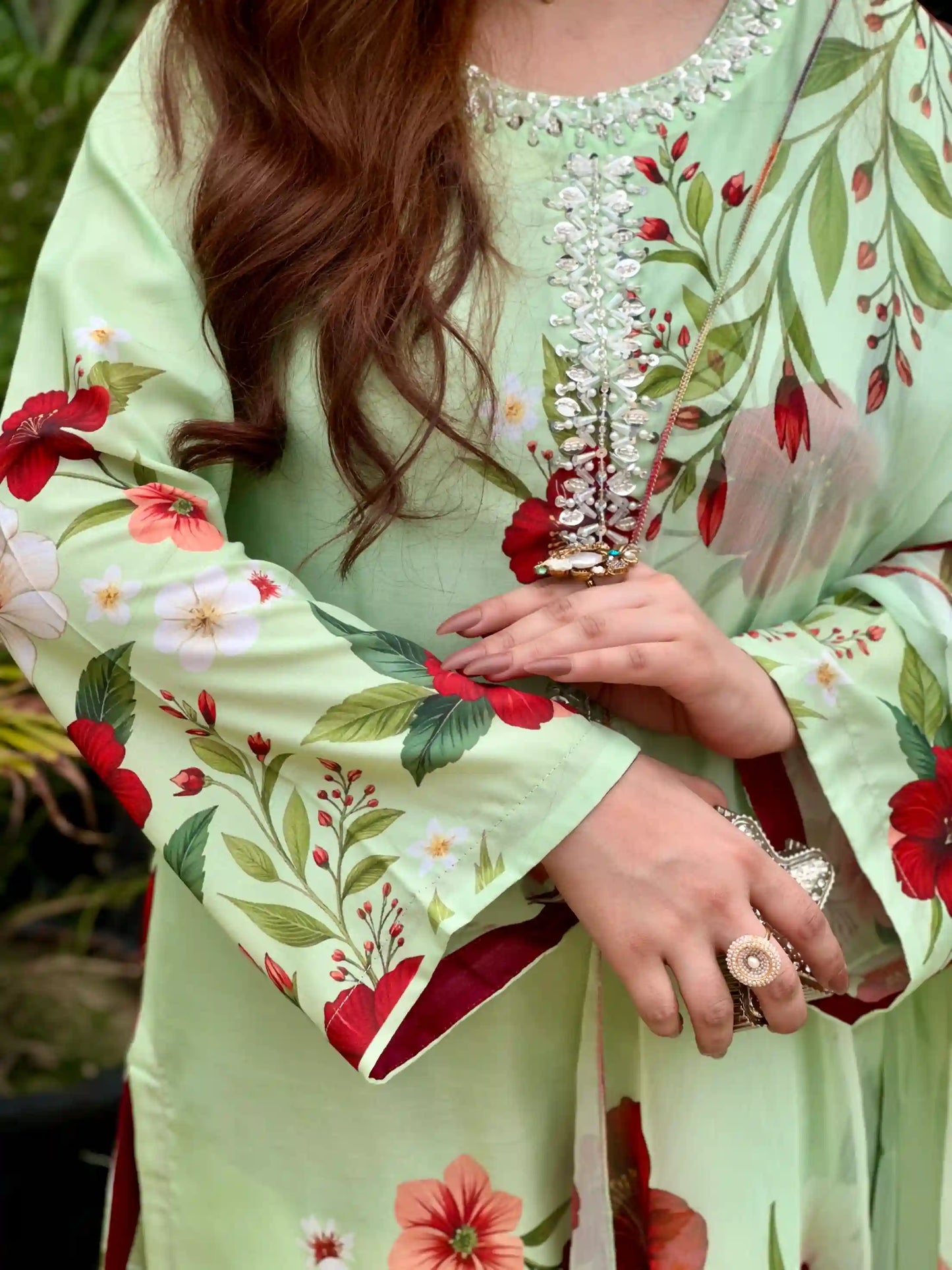 Eshal Printed with Handwork 3pc Light Green