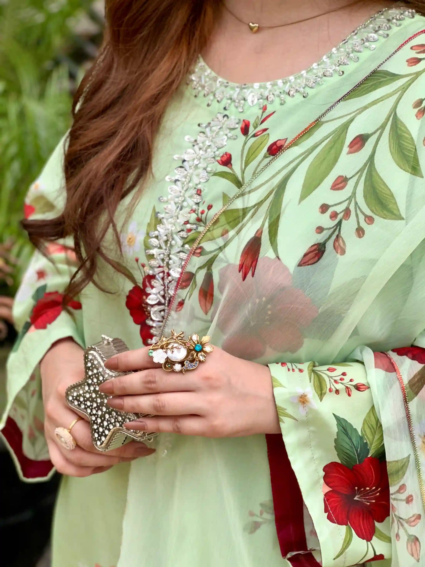 Eshal Printed with Handwork 3pc Light Green